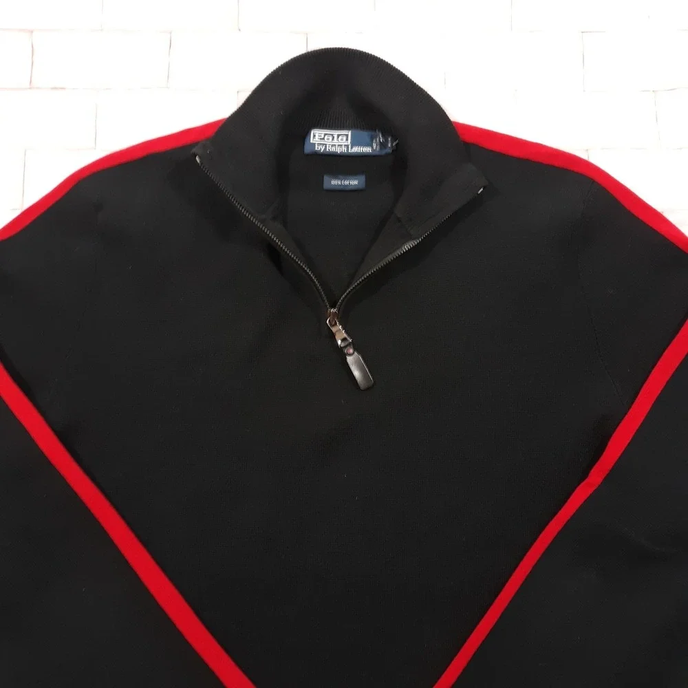 Polo Ralph Lauren Sweater 1/4 Zip Sweater Mens Large Black Red Knit Cotton Heavy